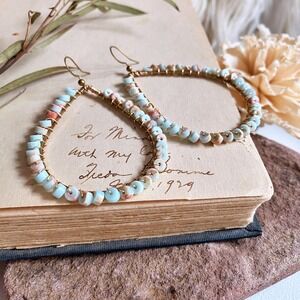Wire Wrapped Goldtone Earrings, Aqua Jasper Crystal Bead Teardrop Hoops